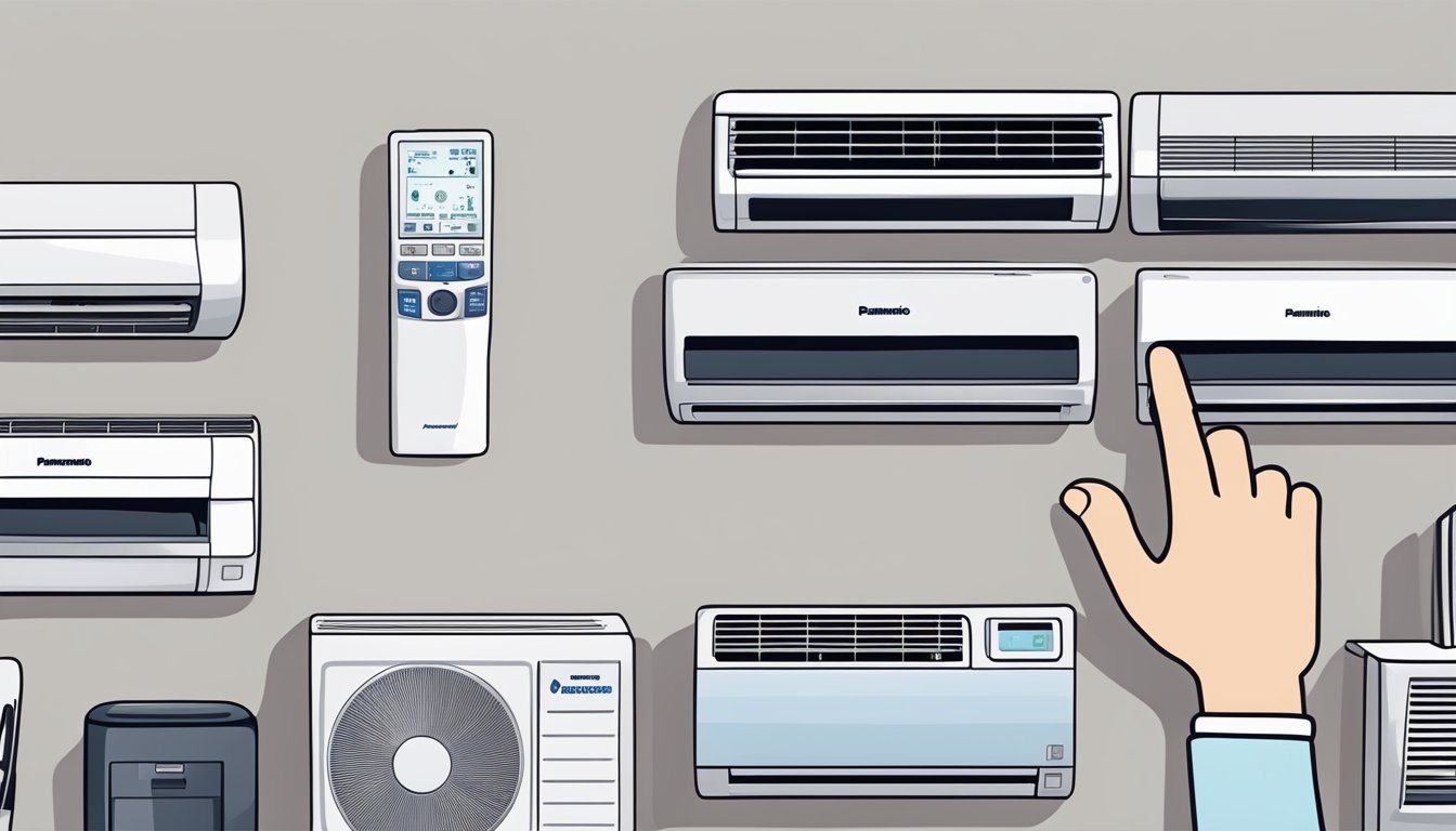 A hand reaching out to select a Panasonic aircon from a display of various brands and models