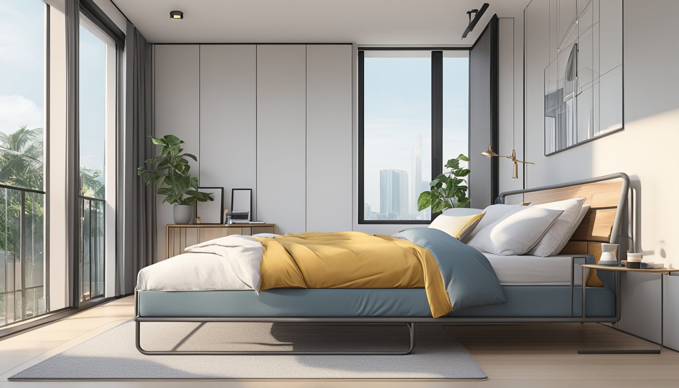 A simple metal bed frame sits in a bright, minimalist bedroom in Singapore