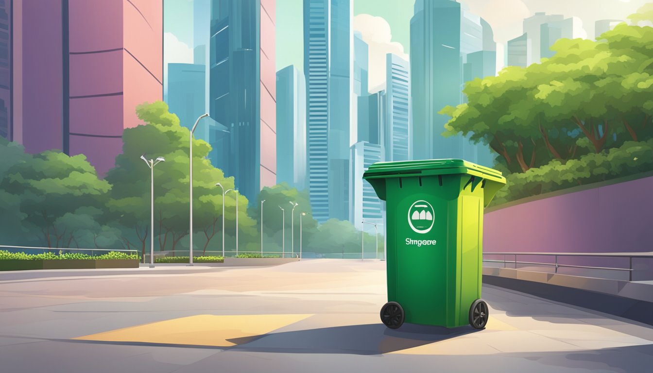 A colorful Singapore trash bin stands against a backdrop of modern city buildings, with lush greenery in the background