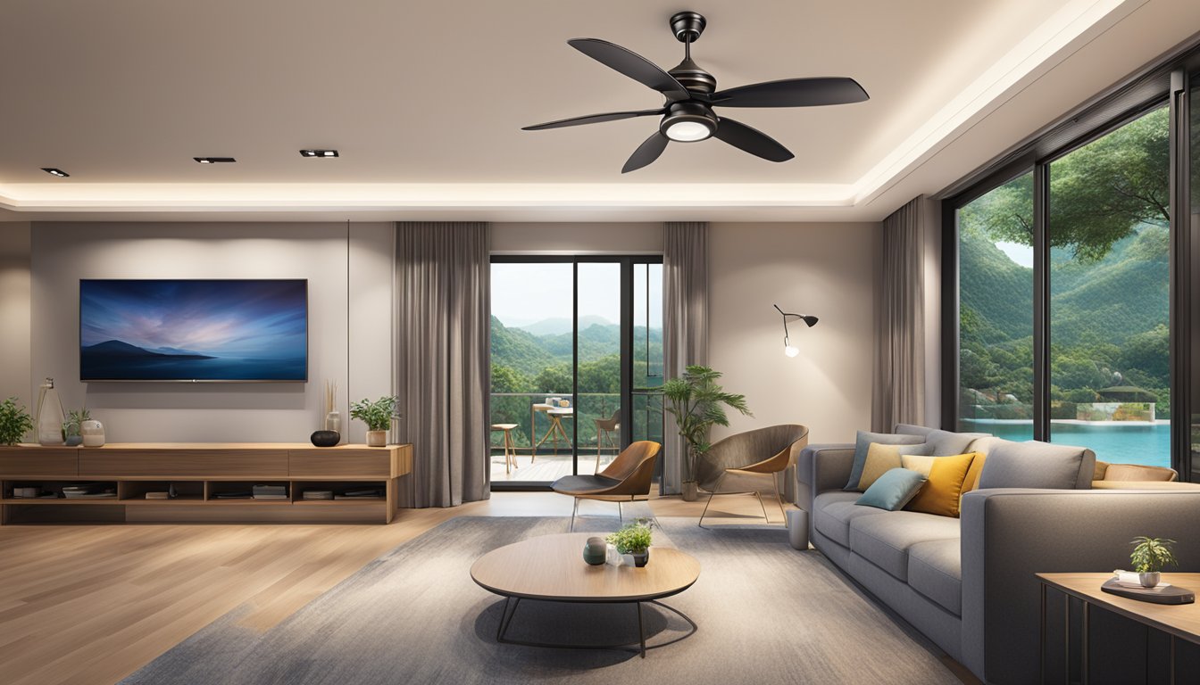 A modern living room with a sleek ceiling fan with integrated lighting, showcasing the top brands and innovative designs in Singapore