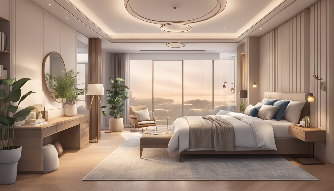 A couple stands in a spacious bedroom, comparing different king size bed options. The room is tastefully decorated with neutral tones and soft lighting