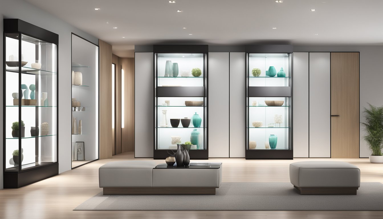 A sleek, modern display cabinet sits against a clean, white wall. Soft, ambient lighting highlights the glass shelves, showcasing the elegant items within