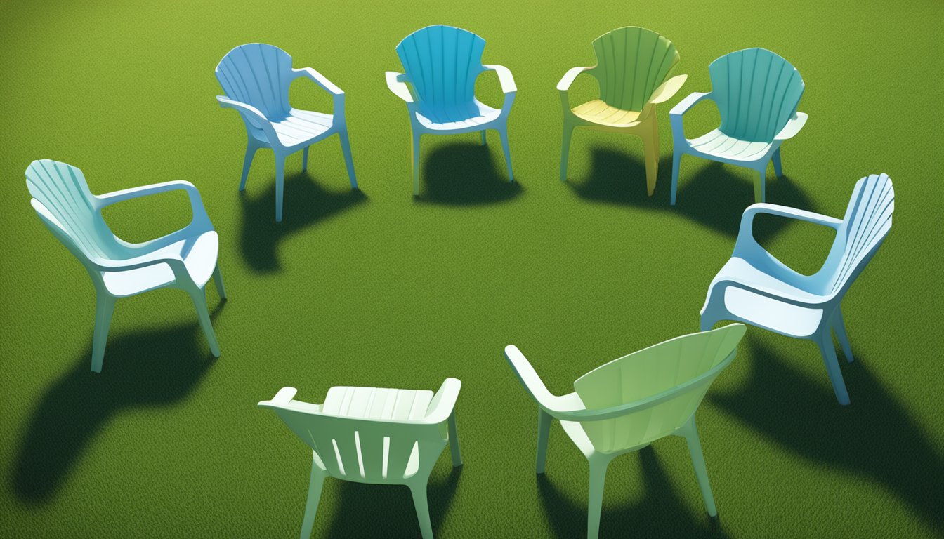 Several plastic chairs arranged in a circle on a grassy field, with a few scattered leaves and a soft breeze blowing through