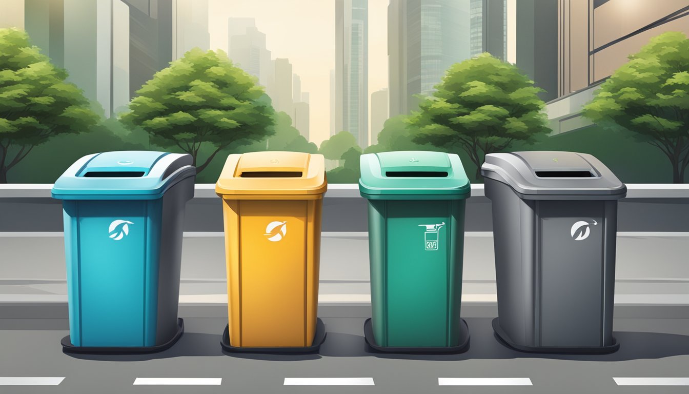 A row of sleek, modern trash bins in Singapore, featuring innovative design and smart features for waste management