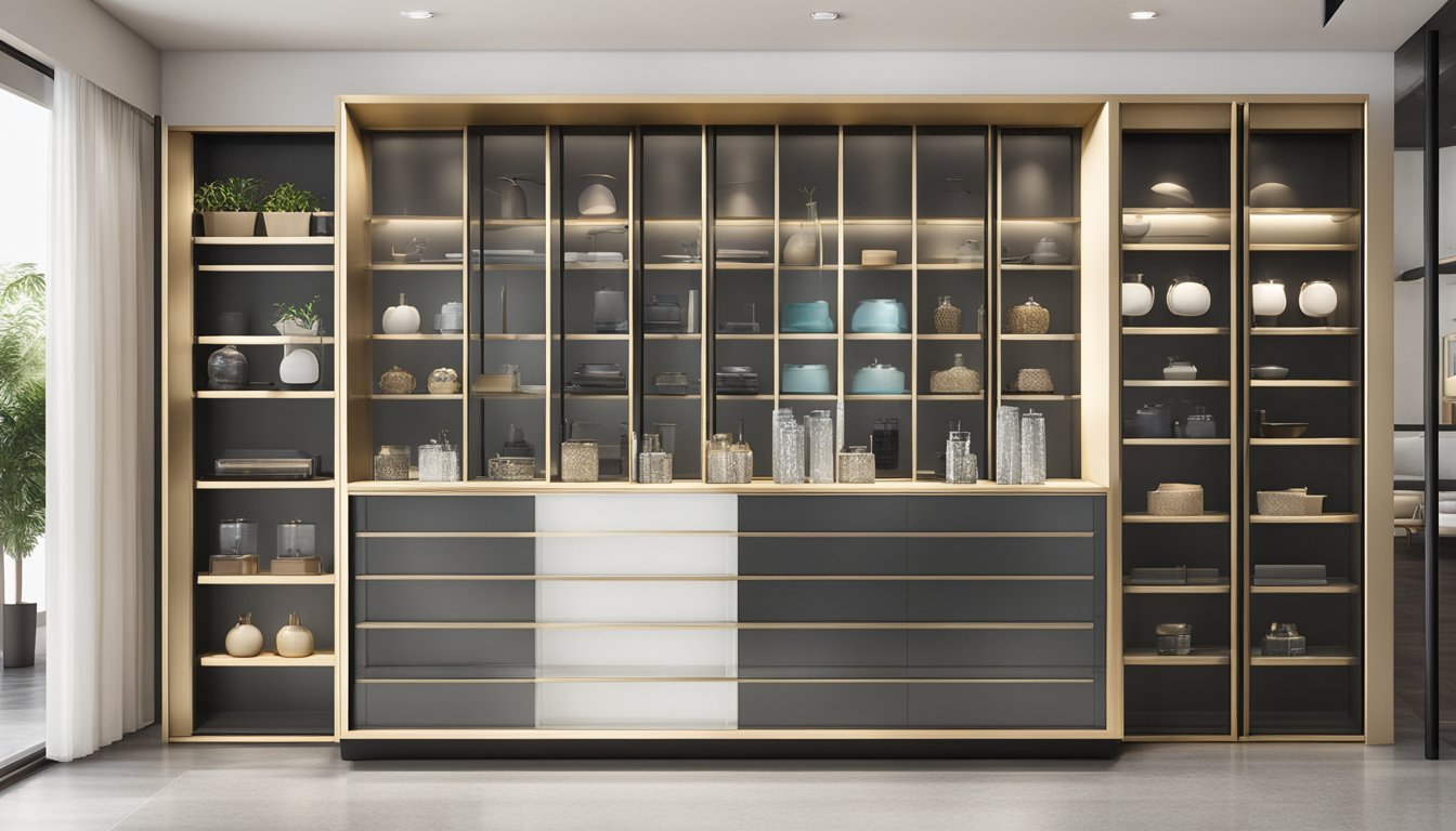 A sleek, modern display cabinet in a well-lit Singapore showroom, showcasing various items and maximizing their value