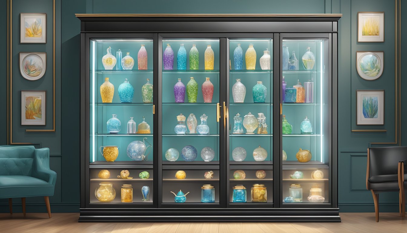 A glass display cabinet with adjustable shelves, LED lighting, and a lockable door, showcasing collectibles and valuables