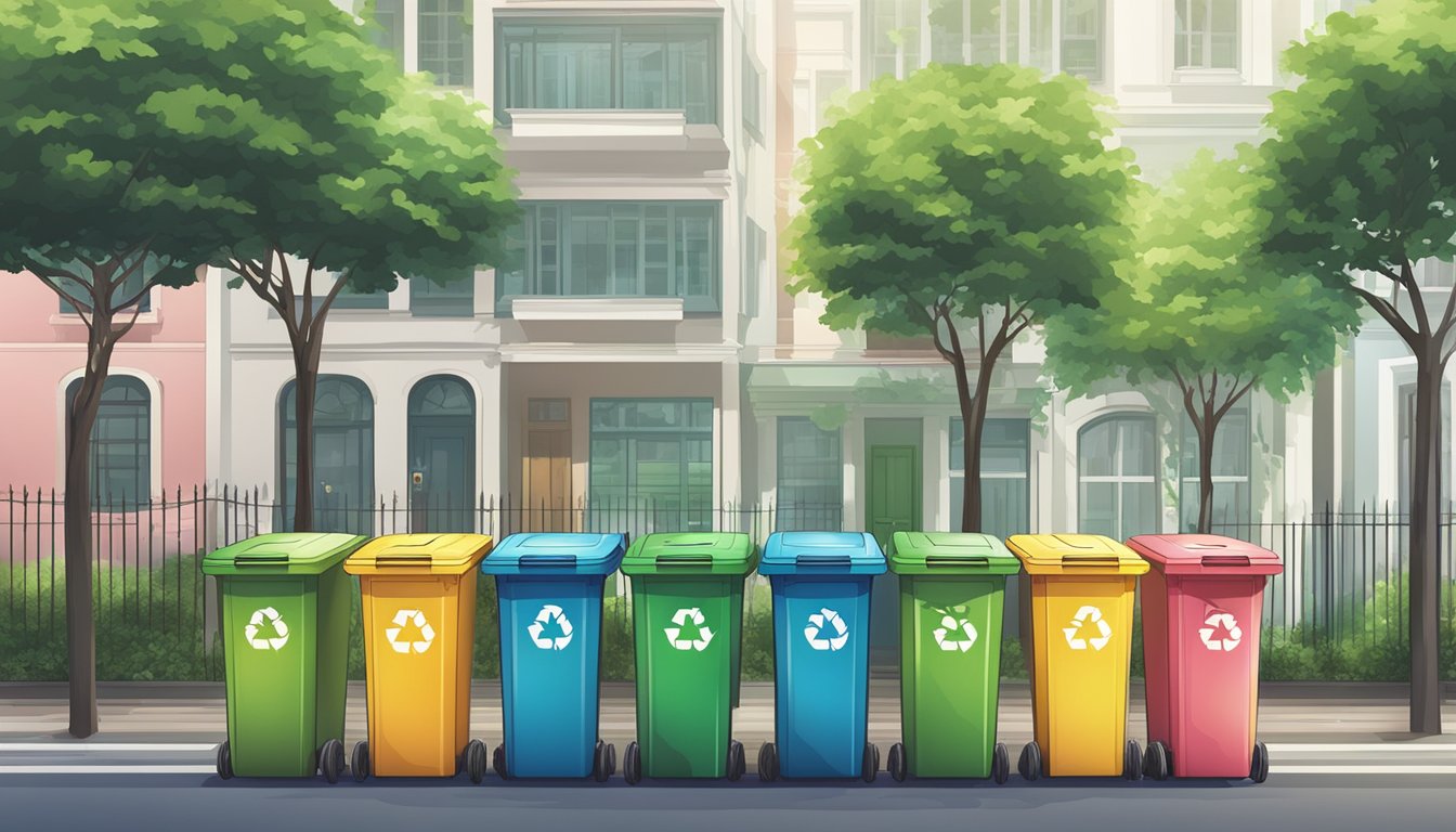 A row of colorful recycling bins with clear labels, surrounded by lush greenery and clean streets in Singapore