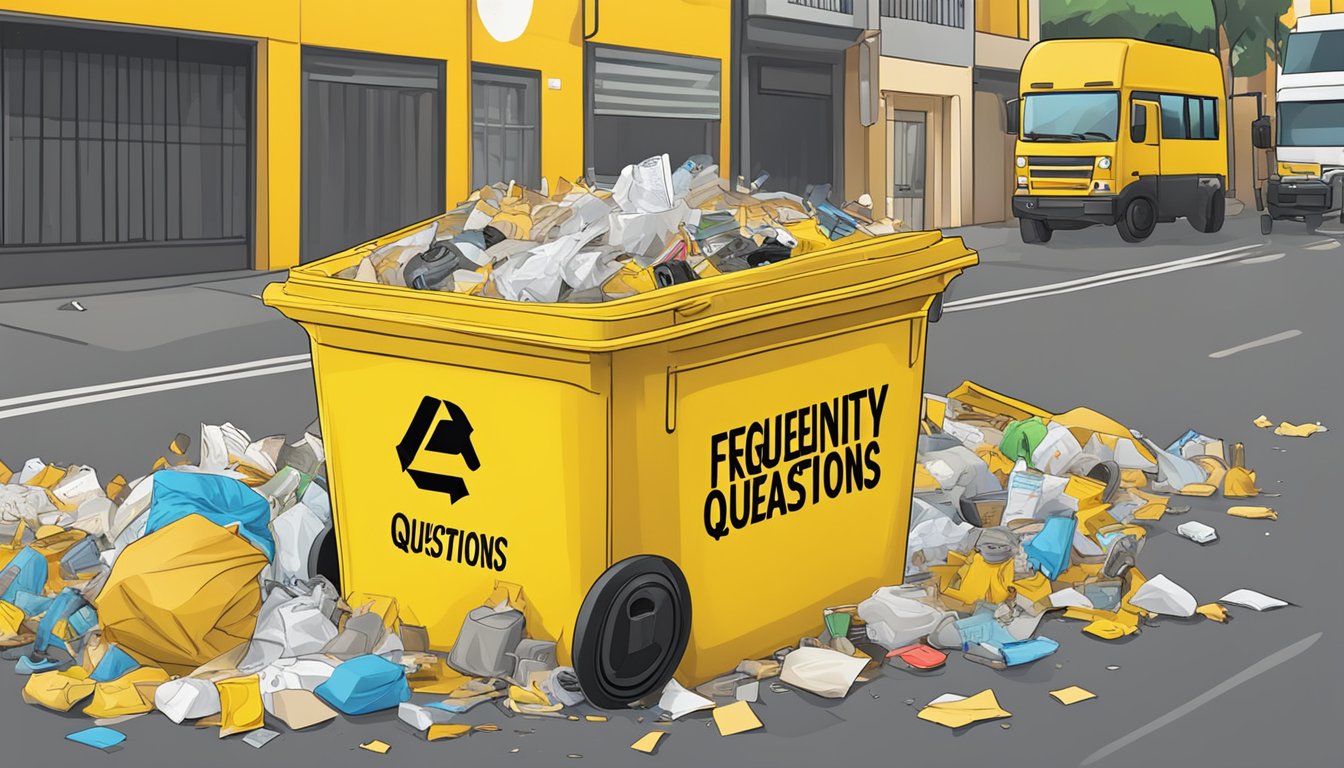 A bright yellow trash bin with "Frequently Asked Questions" written in bold black letters, surrounded by litter and discarded items on a busy Singapore street