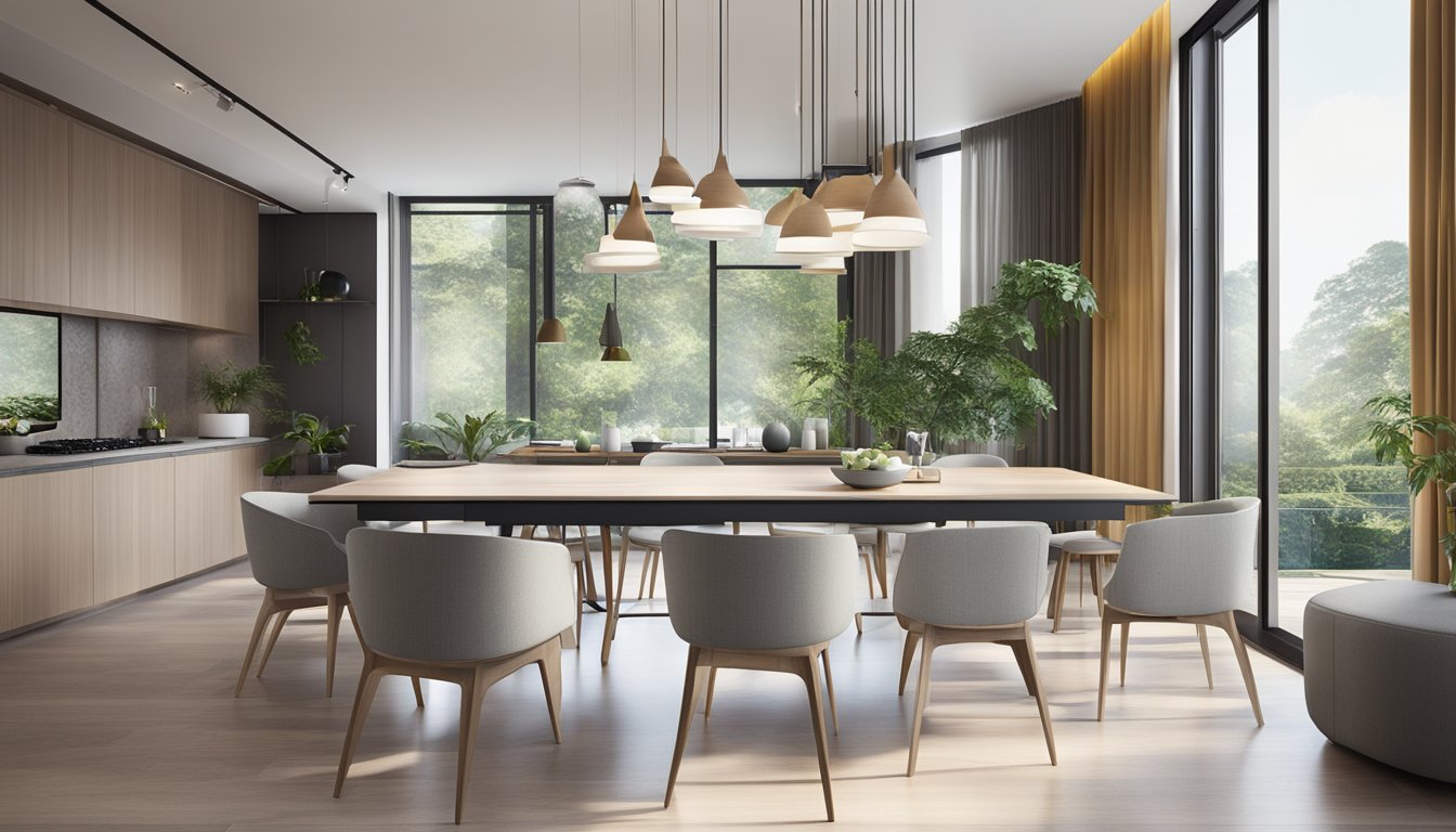 The extendable dining table in Singapore is surrounded by modern chairs, set against a backdrop of sleek interior design and large windows, allowing natural light to flood the space