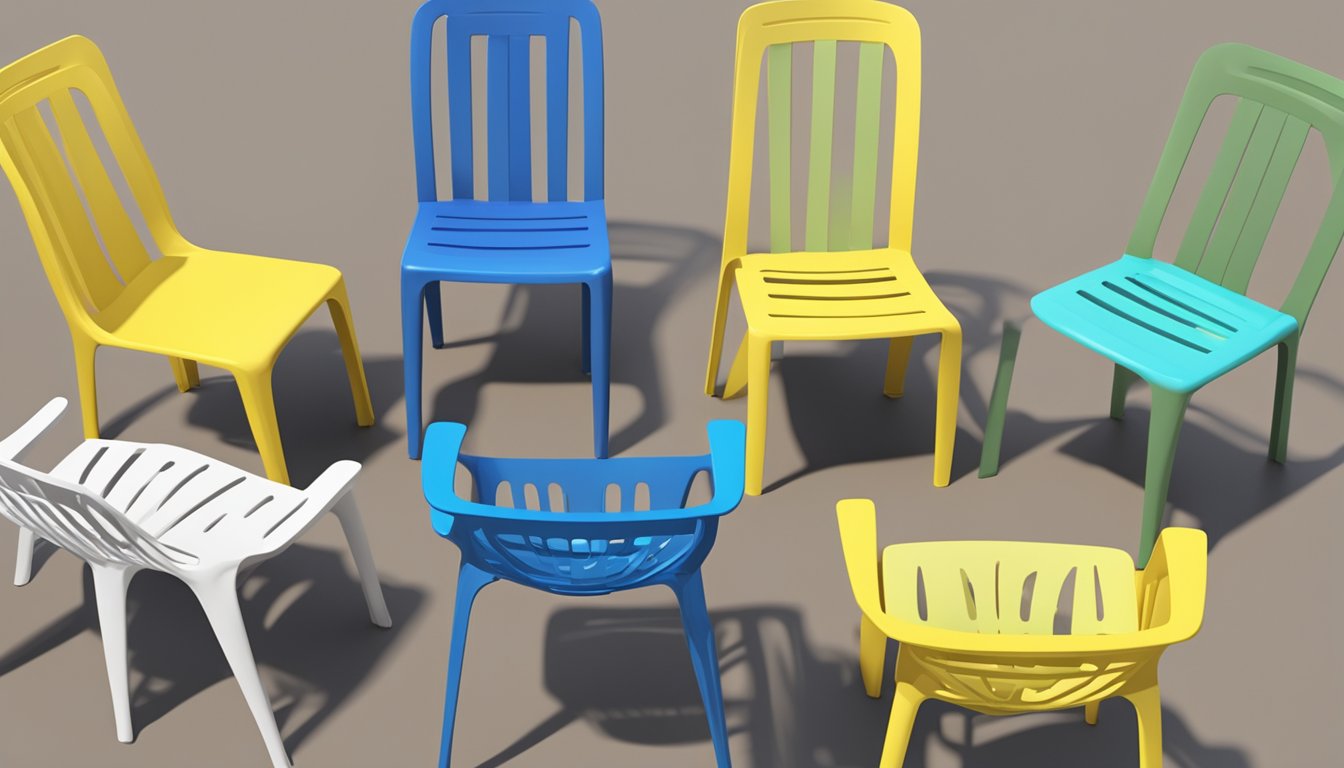 Various plastic chairs in different designs and colors arranged in a spacious outdoor setting