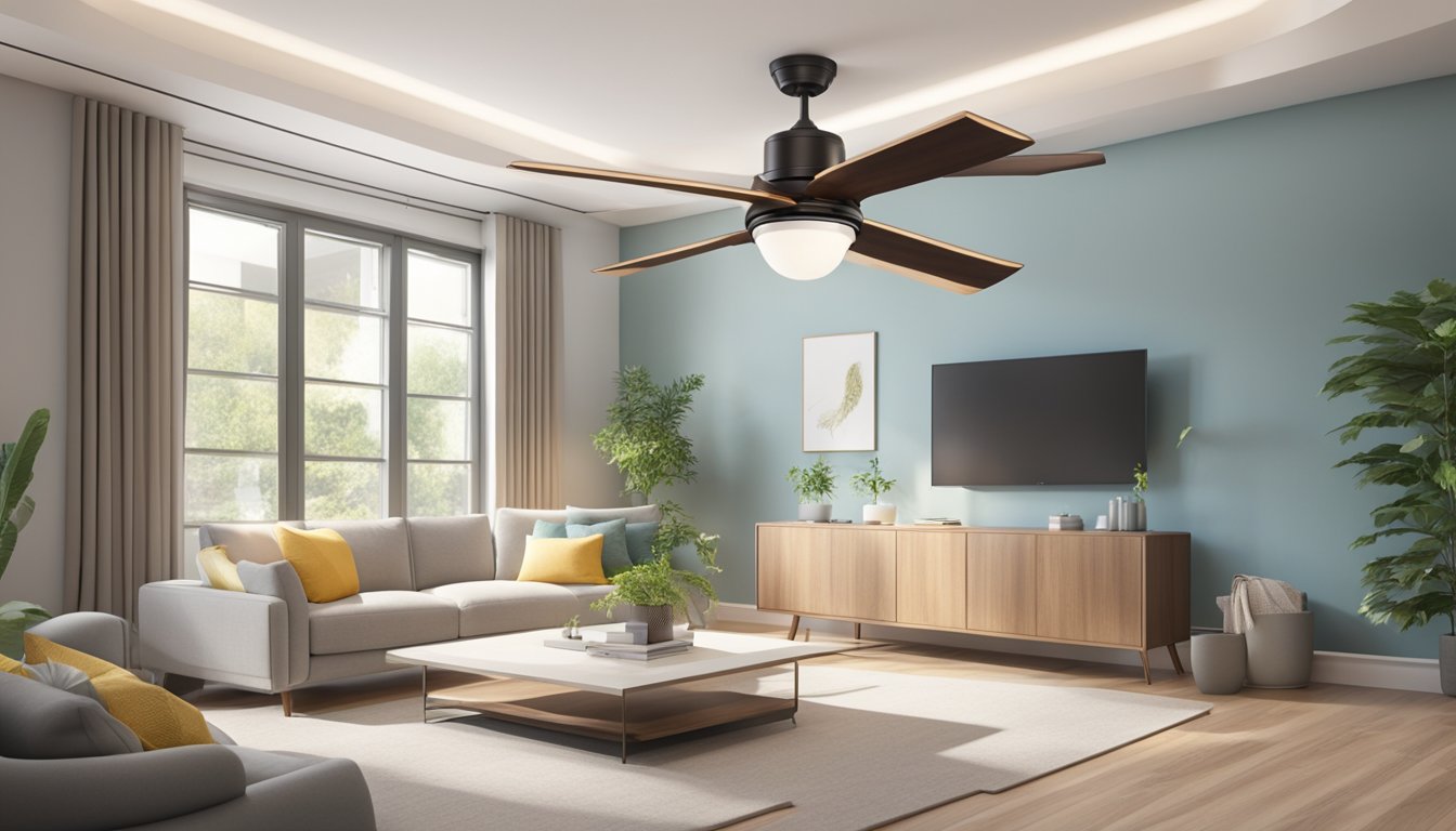 A ceiling fan with integrated light fixture hangs from the center of a modern living room, spinning slowly as it provides both illumination and a gentle breeze