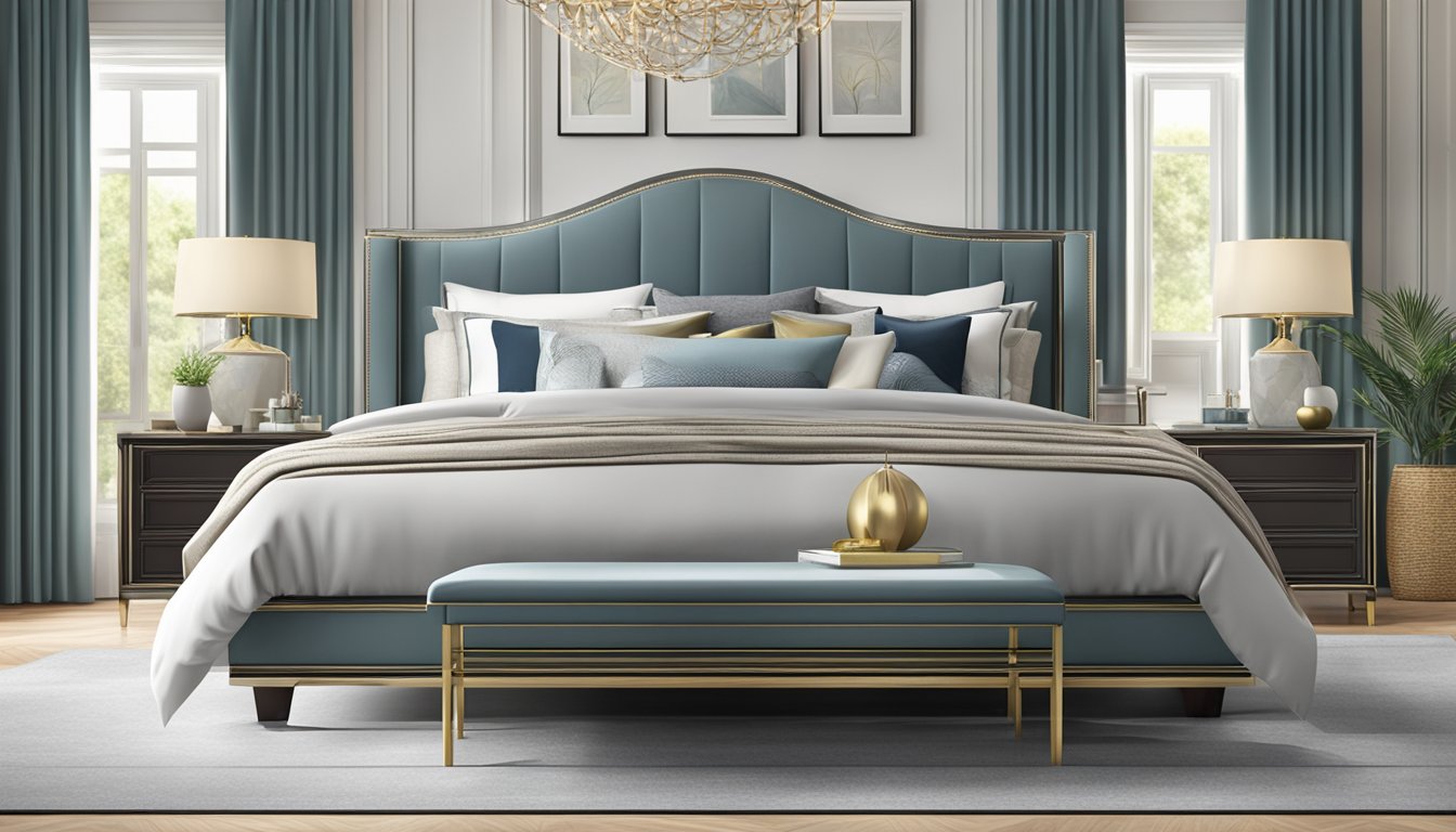 A king-size bed frame with luxurious accessories in a spacious bedroom