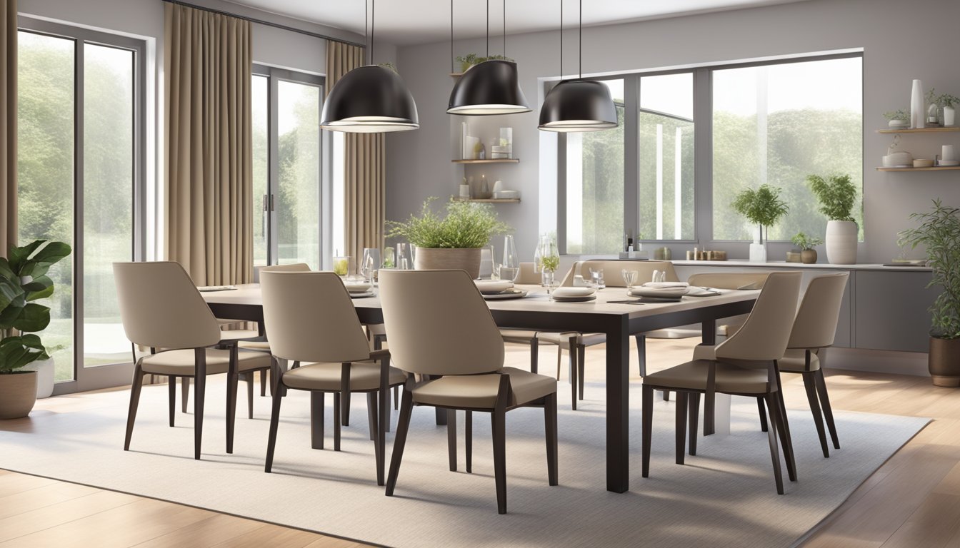 A modern dining room with a sleek, extendable table set for a family dinner, surrounded by stylish chairs and bathed in natural light