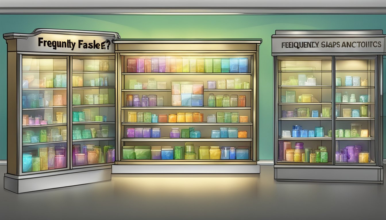 A glass display cabinet with "Frequently Asked Questions" sign, shelves holding various items, and a spotlight illuminating the display