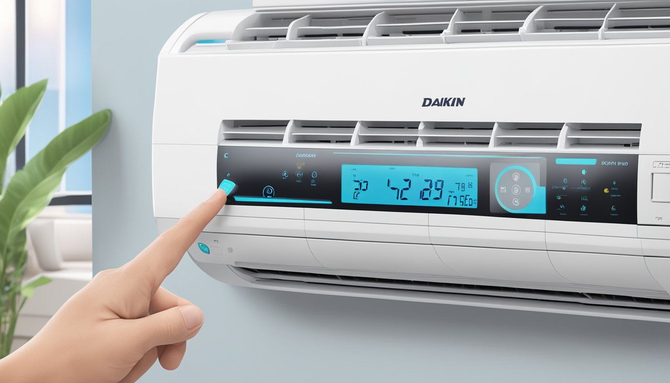 A hand adjusting the temperature settings on a sleek Daikin aircon unit, with a remote control nearby and various features highlighted in the background