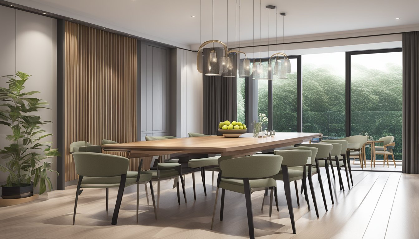 An extendable dining table in a modern Singaporean home, surrounded by chairs, with a sleek and minimalist design