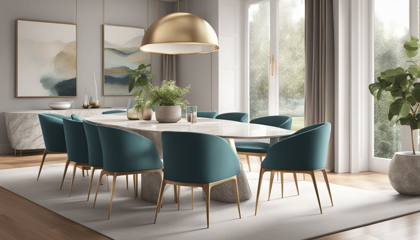 A sintered stone dining table surrounded by modern chairs in a well-lit room