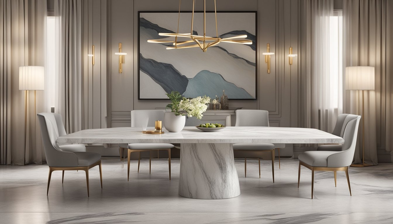 A sintered stone dining table gleams under soft lighting, showcasing its elegant veining and smooth surface. Surrounding chairs complement the table's modern design, creating a sophisticated dining setting