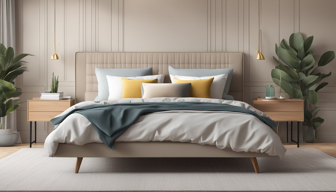 A queen size bed with dimensions of 152 cm x 203 cm, placed in a spacious bedroom with neutral-colored walls and a simple, modern design
