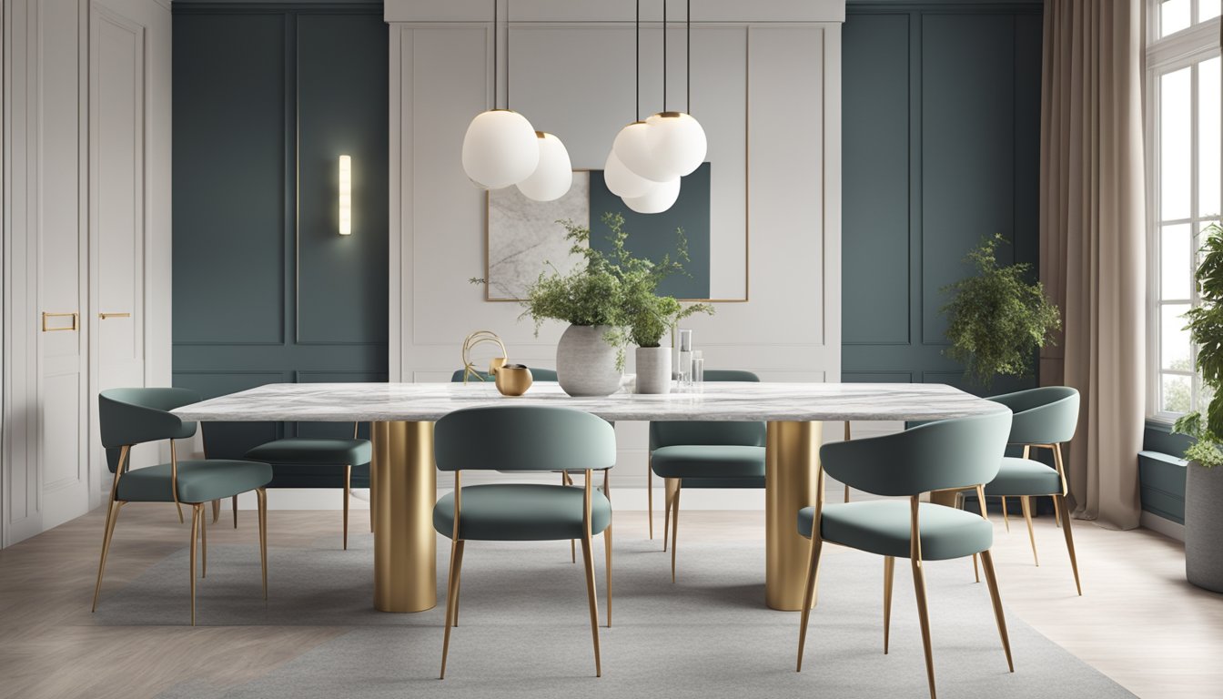 A sleek sintered stone dining table with a smooth, marble-like surface sits in a modern, well-lit dining room, surrounded by stylish chairs