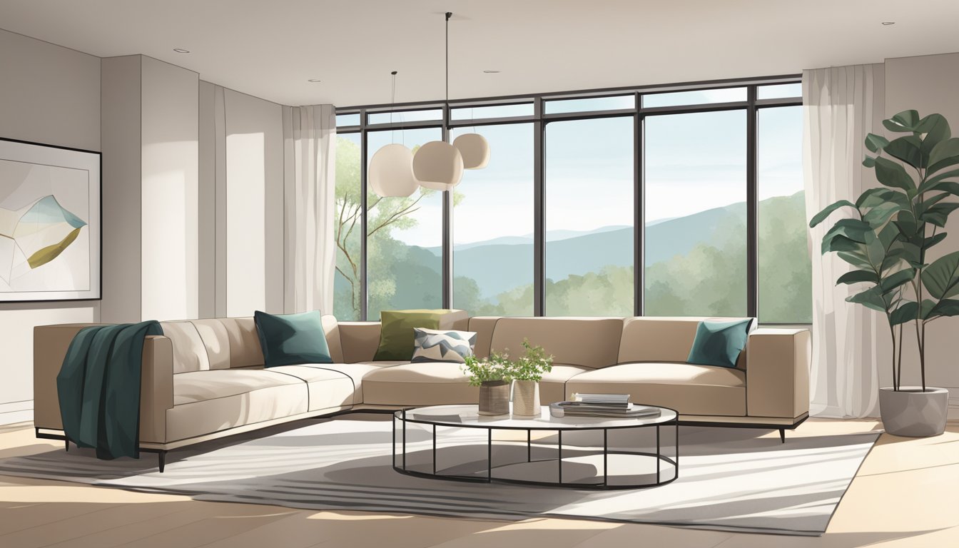 A sleek, minimalist living room with clean lines, neutral colors, and plenty of natural light streaming in through large windows. A statement piece of modern art hangs on the wall, and the furniture is low-profile and stylish