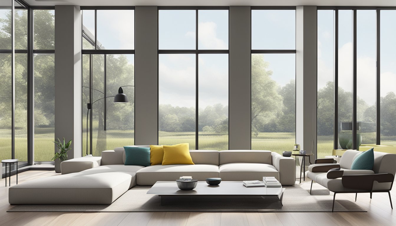 A sleek, minimalist living room with clean lines, neutral colors, and a pop of bold accent color. Large windows let in natural light, and modern furniture creates a sense of spaciousness