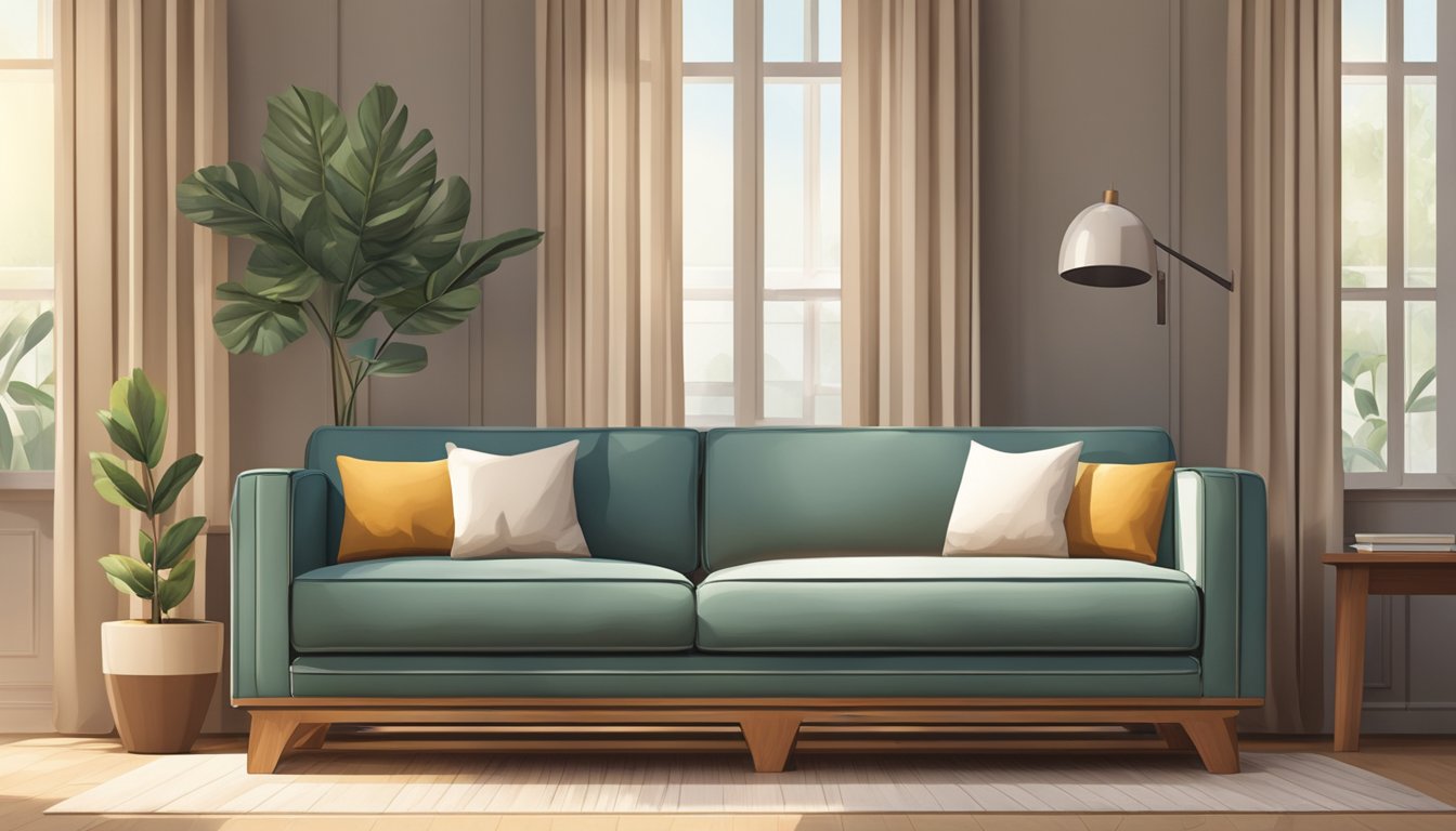 A wooden sofa with clean lines and soft cushions, placed in a well-lit room with a cozy atmosphere