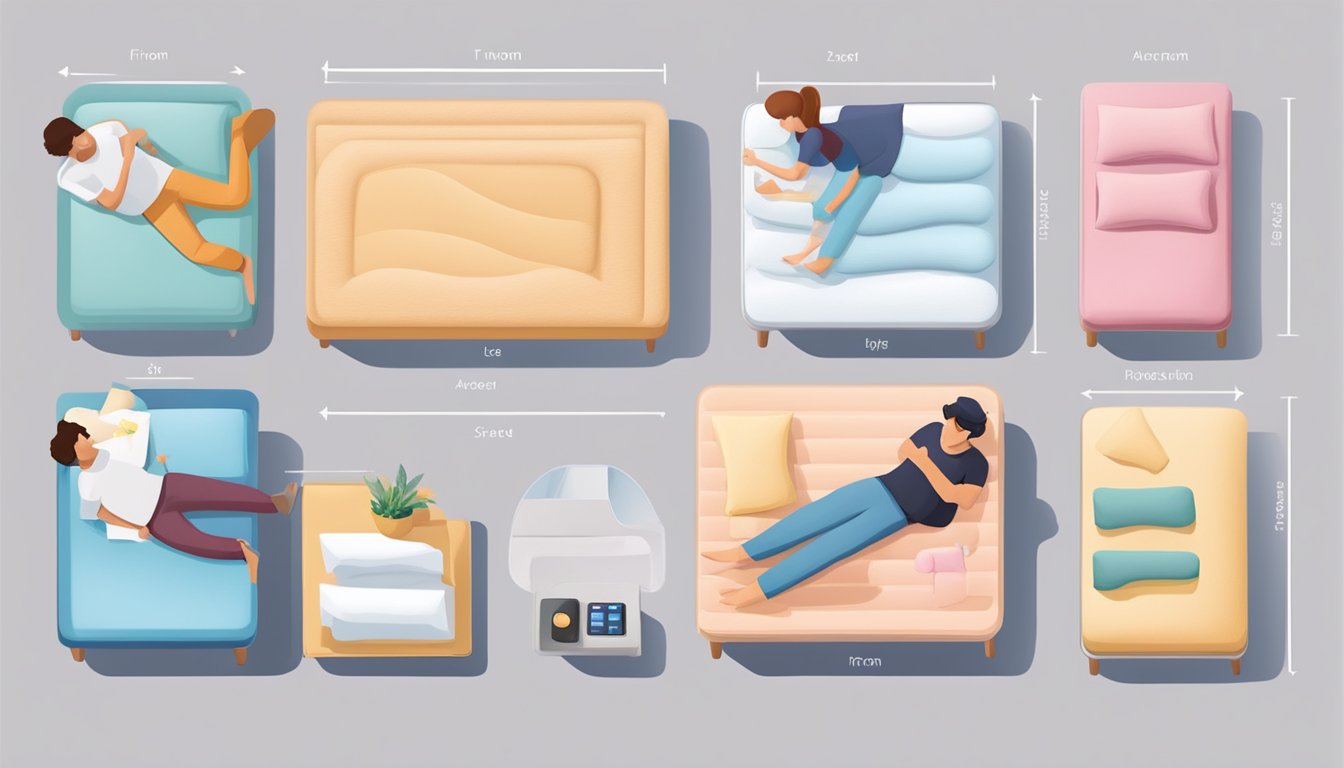 A person lying on a comfortable foam mattress, surrounded by various options to choose from, such as different firmness levels and thicknesses