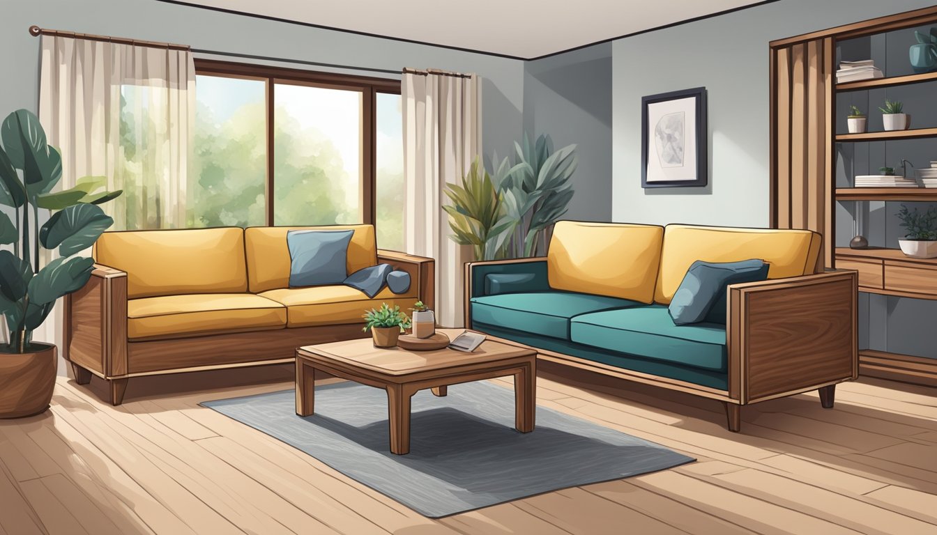 A person is buying a wooden sofa from a furniture store. They carefully transport it home and assemble it in their living room, ensuring it is well-cared for