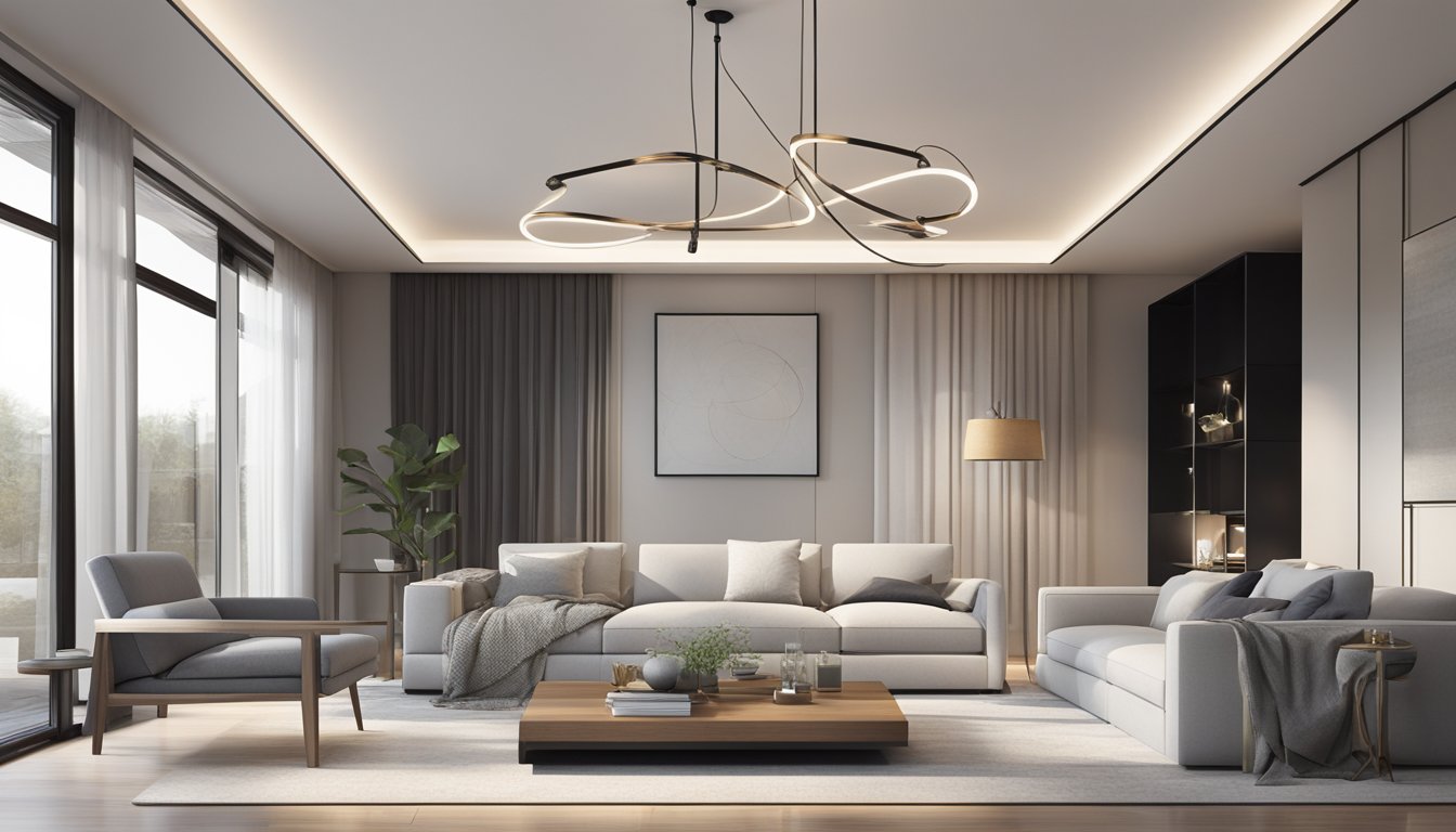 A sleek, minimalist living room with clean lines, neutral colors, and a mix of materials like glass, metal, and wood. A statement lighting fixture adds a touch of modern elegance