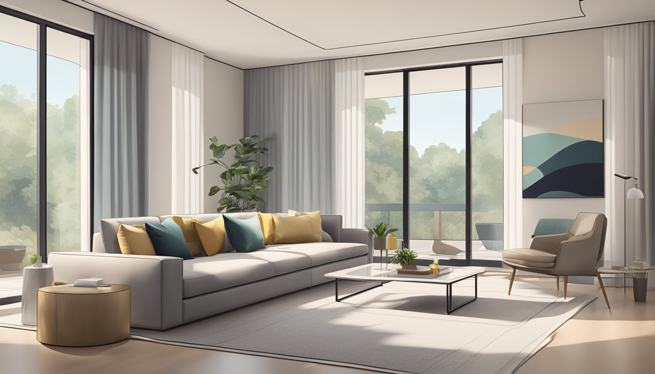 A sleek, minimalist living room with clean lines, neutral colors, and modern furniture. A large window lets in natural light, illuminating the space