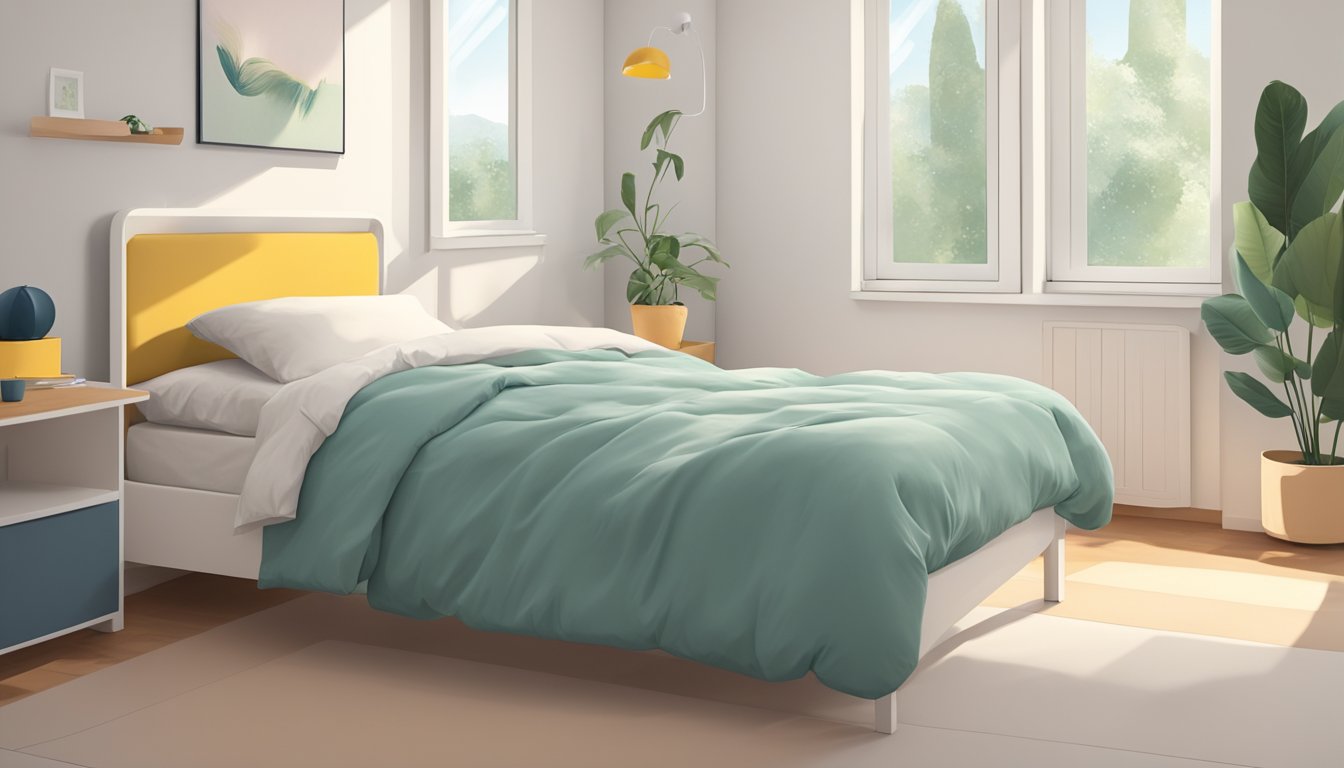 A single bed measuring 90 cm by 190 cm, with a simple frame and clean bedding, sits against a plain wall in a small, tidy bedroom