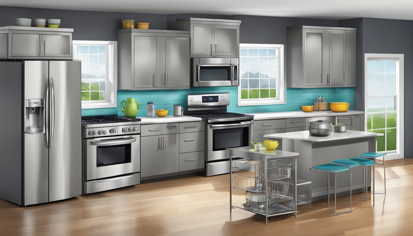 Various appliances fill the modern kitchen: refrigerator, stove, microwave, dishwasher, and coffee maker. The clean, sleek lines of the stainless steel and the colorful displays create a visually appealing scene