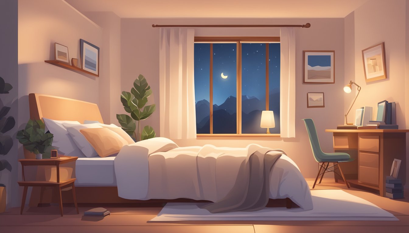 A cozy, uncluttered bedroom with a neatly made bed, a single pillow, and a soft, warm blanket. A nightstand with a book and a reading lamp, casting a warm glow