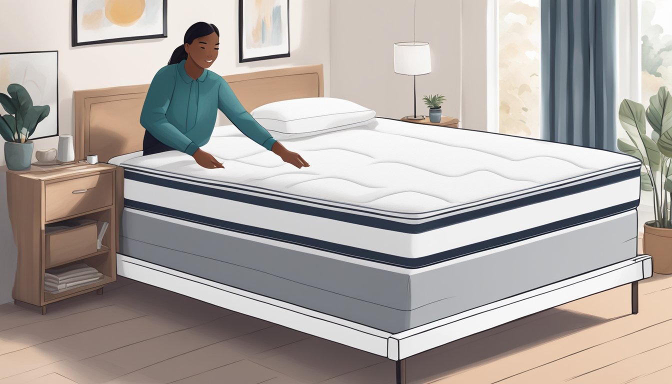 A person unboxing a new super single mattress and placing it on a bed frame, followed by a scene of the mattress being covered with a fitted sheet and fluffed with pillows