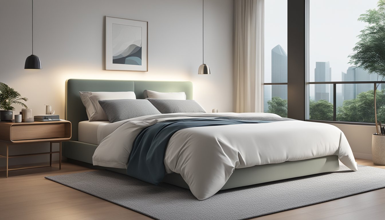 A single bed mattress in Singapore, neatly made with crisp white sheets and a plump pillow, sitting against a backdrop of a modern, minimalist bedroom