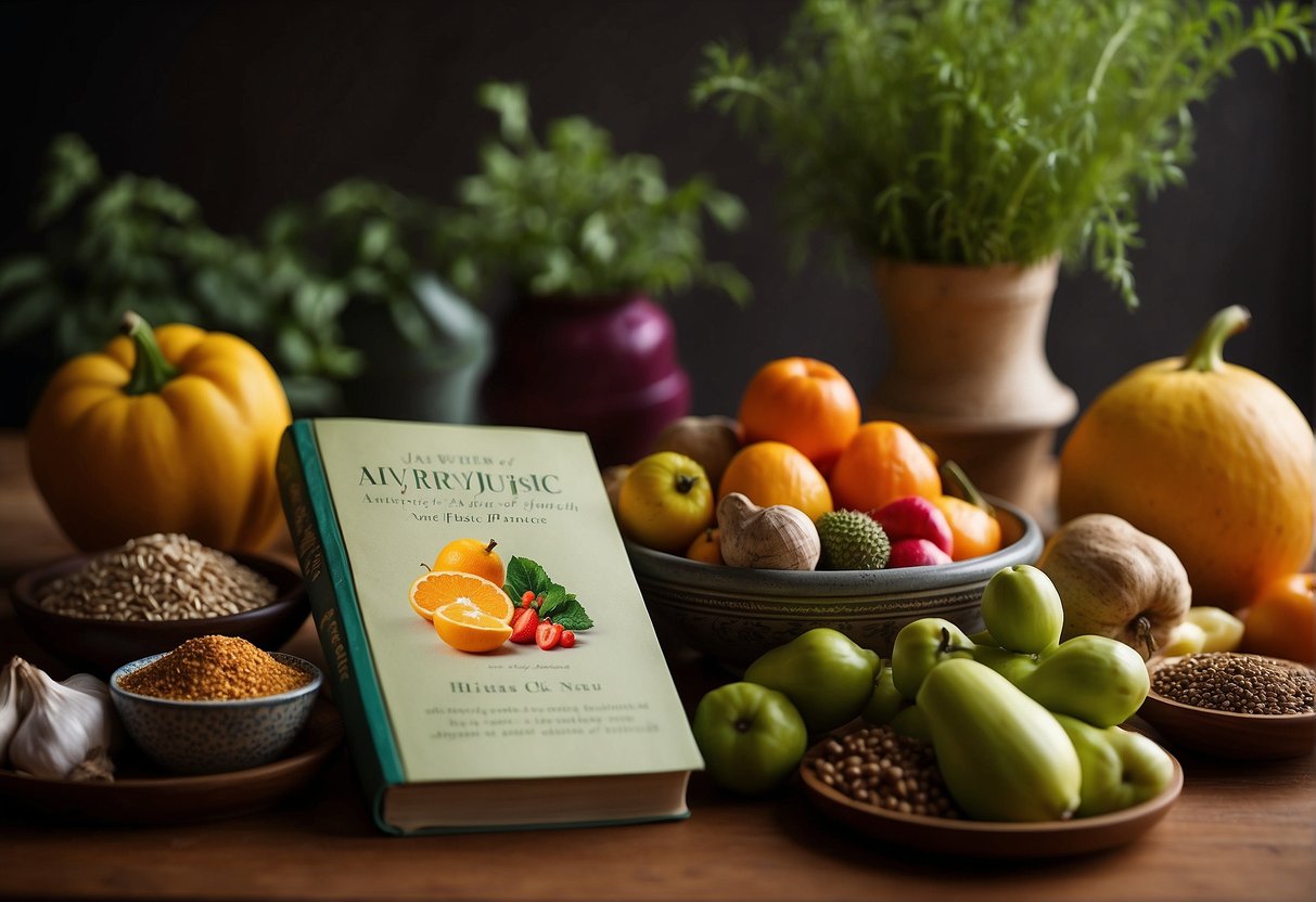 A table displays colorful fruits, vegetables, grains, and herbs. A book on Ayurvedic principles sits open beside a bowl of spices