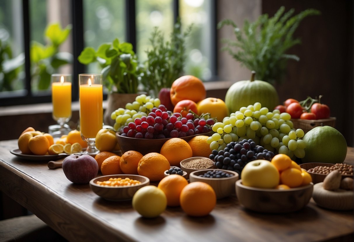A table set with colorful fruits, vegetables, grains, and herbs. A serene atmosphere with natural light and a sense of balance and harmony