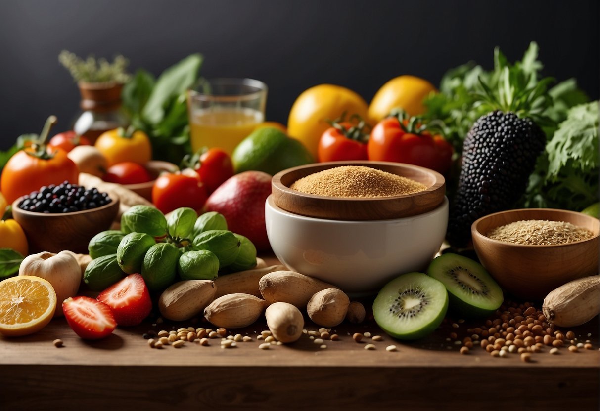 A table set with colorful fruits, vegetables, grains, and herbs. A variety of spices and cooking utensils are arranged neatly