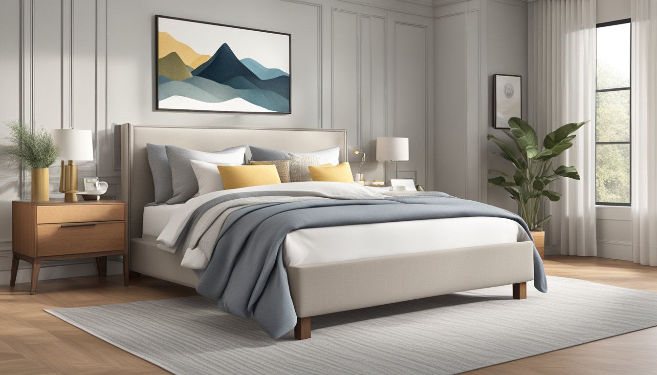 A double bed, measuring 54 inches wide and 75 inches long, sits in a spacious room with soft, neutral-colored bedding and a sleek, modern headboard