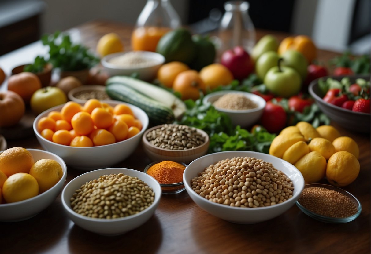 A table set with colorful fruits, vegetables, grains, and spices. A person preparing a balanced meal with Ayurvedic principles in a modern kitchen