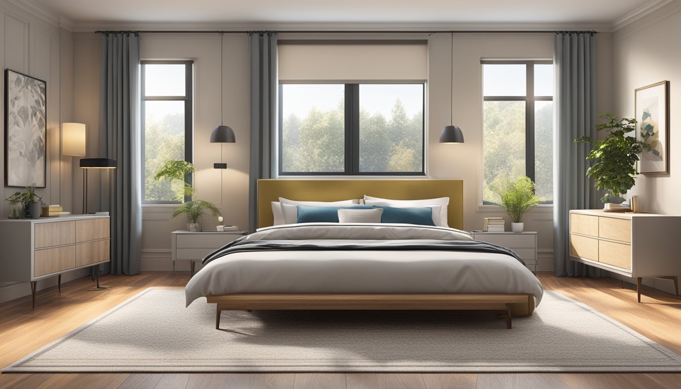 A spacious bedroom with a double bed centered against a feature wall, flanked by matching bedside tables with lamps. A large window allows natural light to flood the room, and a plush rug adds warmth to the hardwood floor