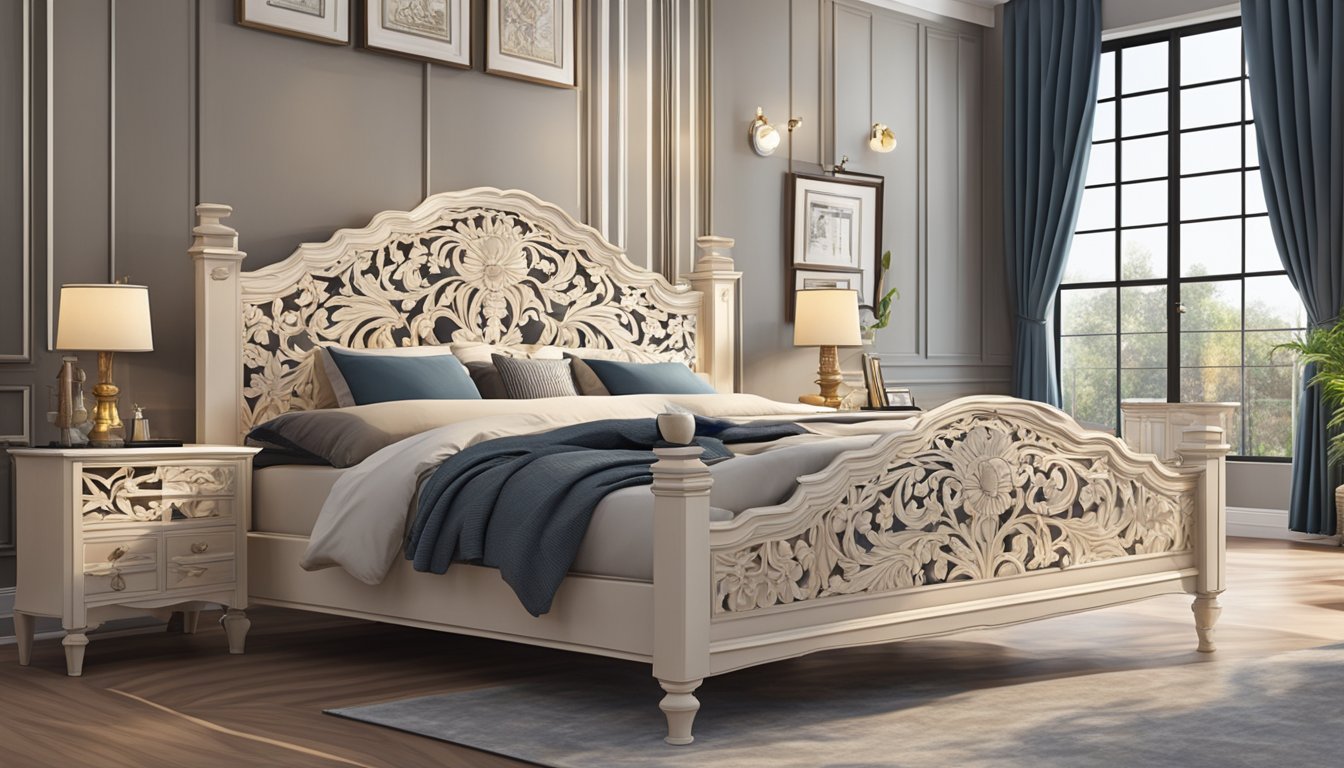 The wooden bed frames stand tall, with intricate carvings and sturdy posts, creating a sense of warmth and comfort in the room