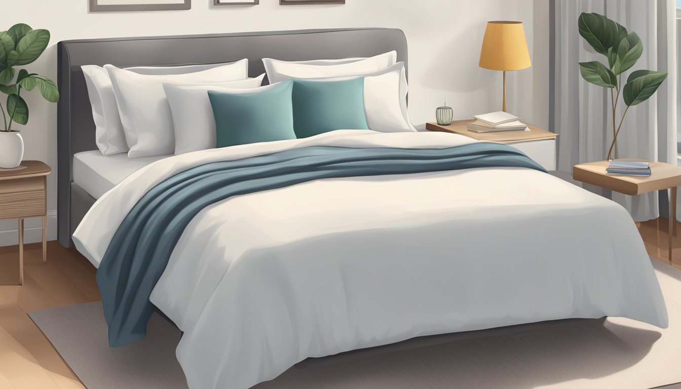 A double bed with clean, neatly arranged sheets and pillows, set against a plain, neutral backdrop