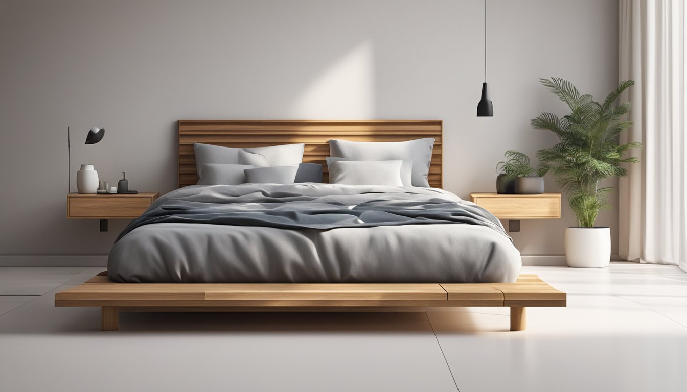 A wooden bed frame stands against a white wall, with clean lines and a minimalist design. The wood is smooth and polished, with visible grain patterns adding a touch of natural warmth to the room