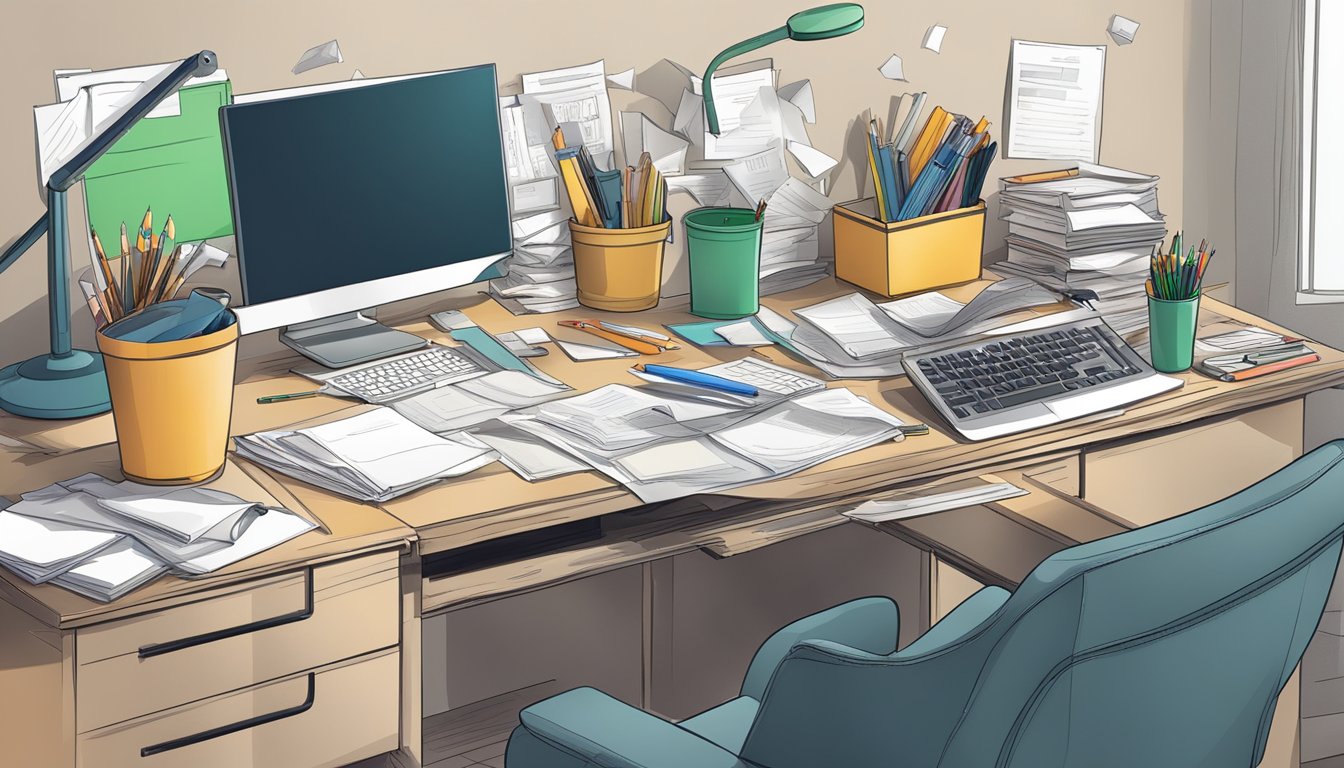 A cluttered desk with a trash bin placed next to a computer monitor. Papers and office supplies are scattered around the bin