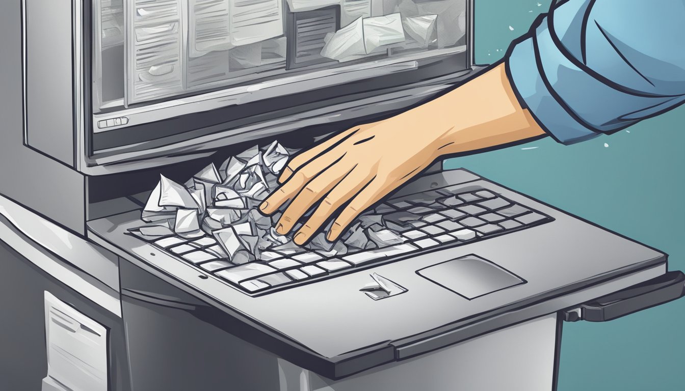A hand presses the "Empty Trash" button on a computer screen, while the trash bin icon is highlighted. The bin is labeled "Deleted Items" and is overflowing with crumpled paper and discarded files