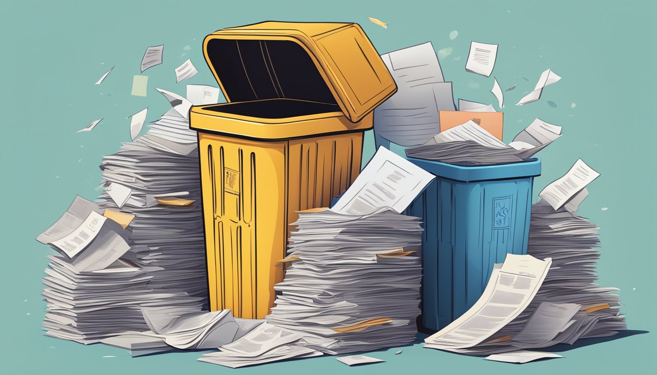 A trash bin overflowing with Frequently Asked Questions papers