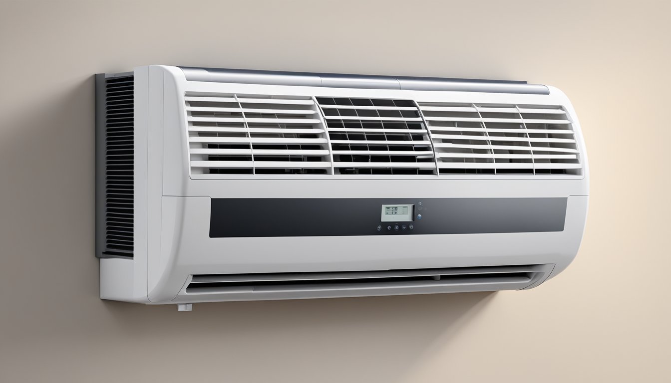 A modern air conditioning unit with high BTU rating, installed on a wall with vents and digital controls