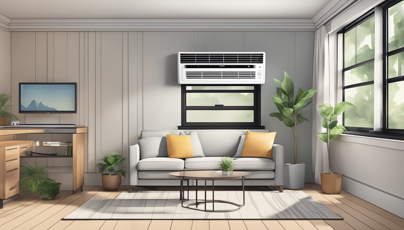 A room with a window air conditioner, measuring its dimensions and noting the BTU rating on the unit